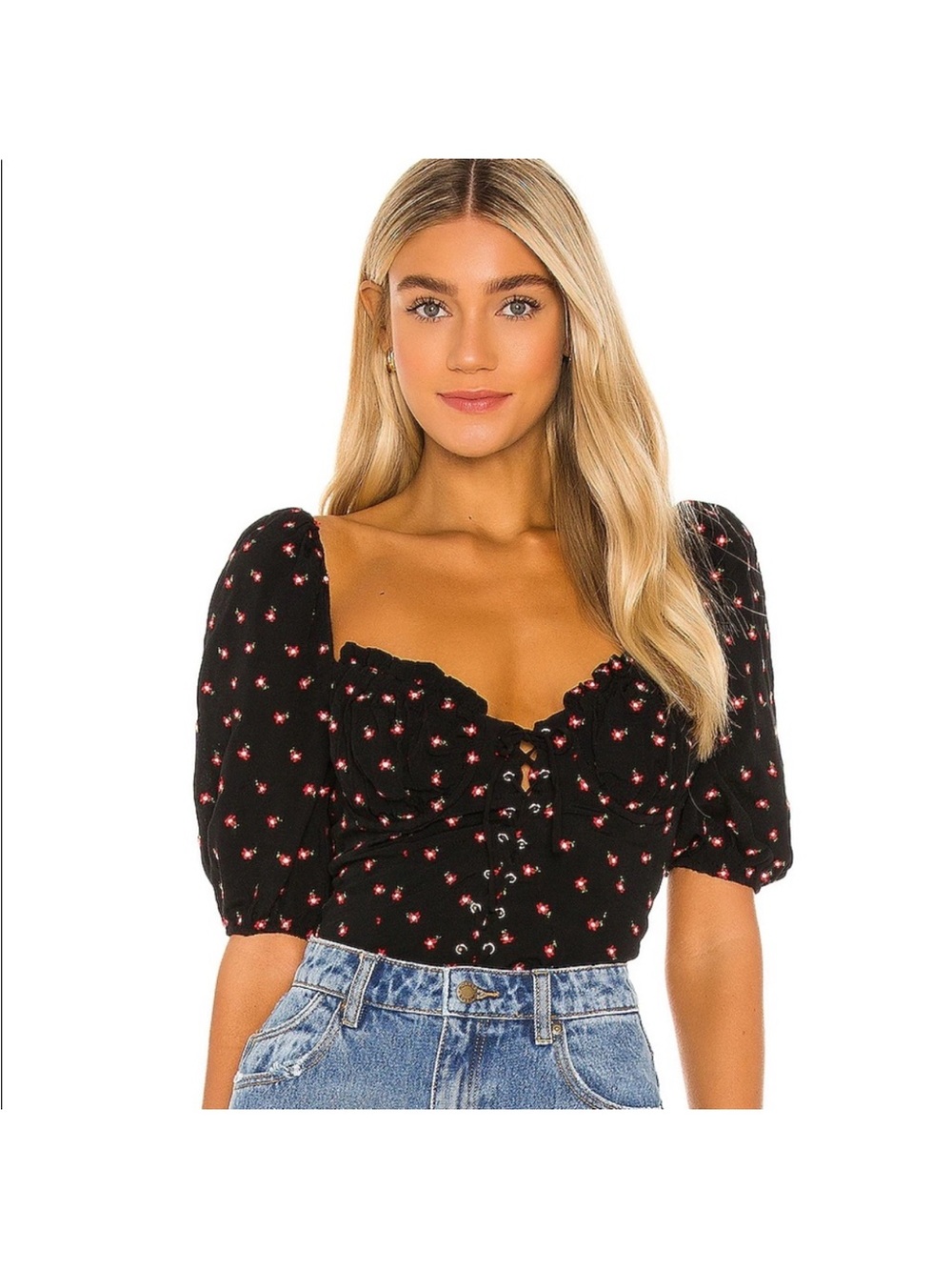 MAJORELLE Eartha Top - Black & Red Floral